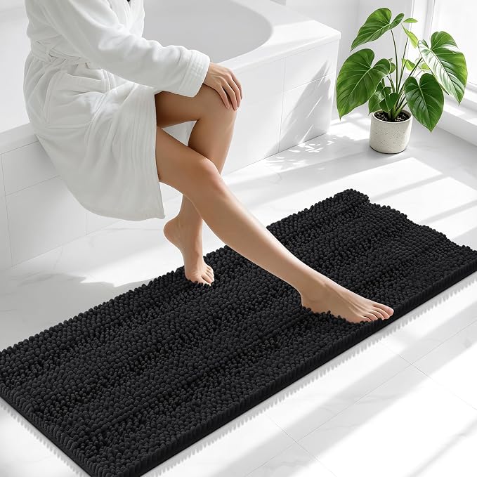 Smiry Thick Chenille Bathroom Runner Rugs 47x17, Extra Absorbent Striped Bath Mat, Machine Washable, Rubber Backing, Long Bath Rugs for Tub & Shower, Modern Home Decor Accessories, Black