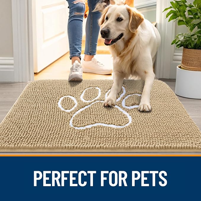 OLANLY Dog Door Mat for Muddy Paws 34x21, Paw Print Design, Absorbs Moisture and Dirt, Absorbent Non-Slip Washable Doormat, Quick Dry Chenille Mud Mat for Dogs, Entry Indoor Entryway Carpet, Beige