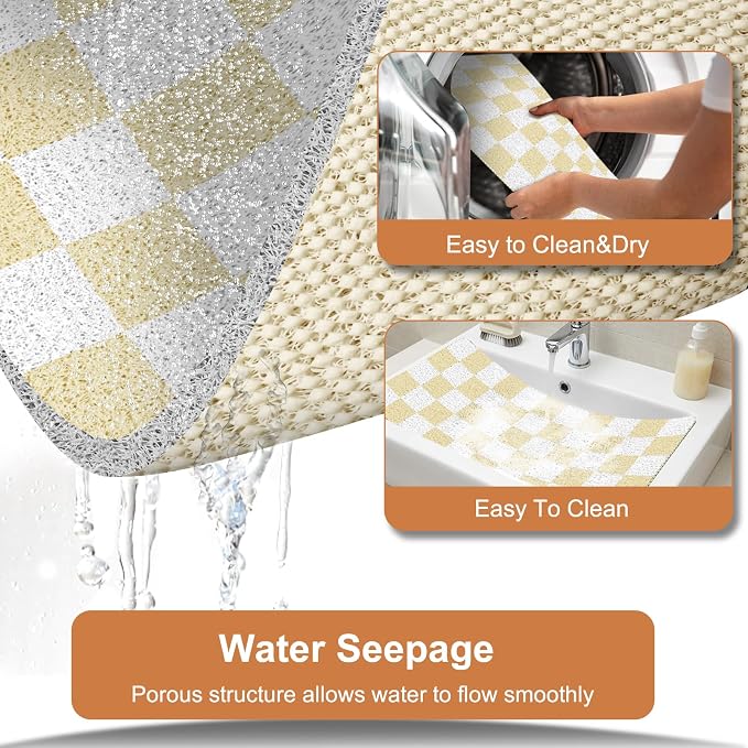 Non Slip Loofah Shower Mats 24"x16", PVC Loofah Bath Mat for Inside Shower, Quick Dry Soft Bath Mat for Bathroom Floor, Tub Pool Kitchen Entryway Home Hotel, Beige Checkered
