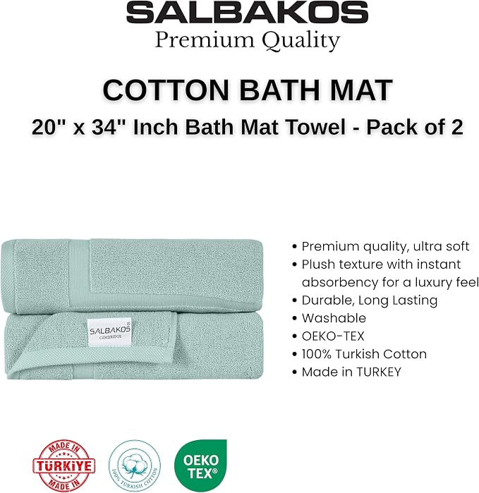 SALBAKOS 100% Turkish Cotton Bath Mat Towel Set of 2 Piece | 20x34 in Large Bath Mats | Luxury Hotel Quality, Thick, Absorbent, Quick Dry Bathmats for Bathroom & Toilet (Seafoam Green, 2 Bath Mats)