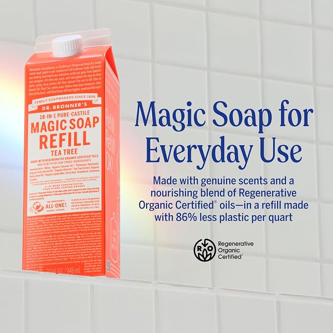 Dr. Bronner's Magic Soap-Pure-Castile Liquid Soap Refill (Tea Tree, 32 ounce, 1-Pack)-Regenerative Organic Certified Oils, For Body, Hair, Laundry, Pets & Dishes, Concentrated, Vegan, Non-GMO
