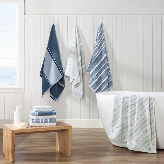 Nautica - Bath Towels, 100% Soft & Absorbent Plush Cotton Towels with Yarn Dye Loops, Medium Weight Bathroom Towels (Minera Greene, 6 Piece)