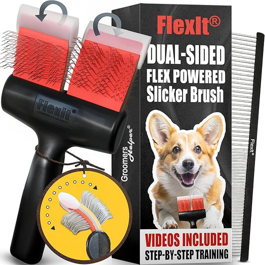 FlexIt Flexible Slicker Brush for Dogs - Dog Grooming Brush for Poodles, Golden Doodles, Huskies, Retrievers, and Labradoodles - Professional 3-in-1 System & Video Trainings (Double, Firm Flex)