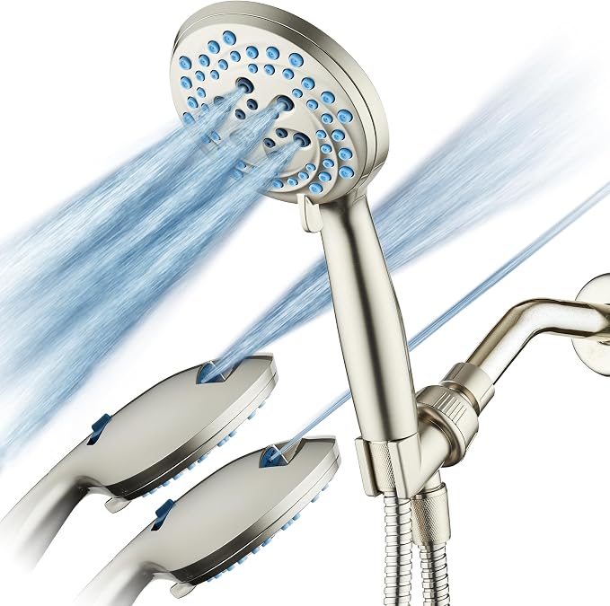 AquaCare Seen-On-TV High Pressure 8-mode Handheld Shower Head - 2-mode Power Wash to Clean Tub, Tile & Pets, Stay-Clean Nozzles, Extra Long 6 ft. Stainless Steel Hose, Wall & Overhead Brackets, Nickel