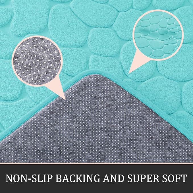 YIHOUSE Bathroom Rugs Mat Set, Memory Foam Bath Mat 3 Piece Teal | U Shape+Small Mat, Non Slip, Water Absorbent, Washable, Bath Mat For Bathroom, Sink and Toilet