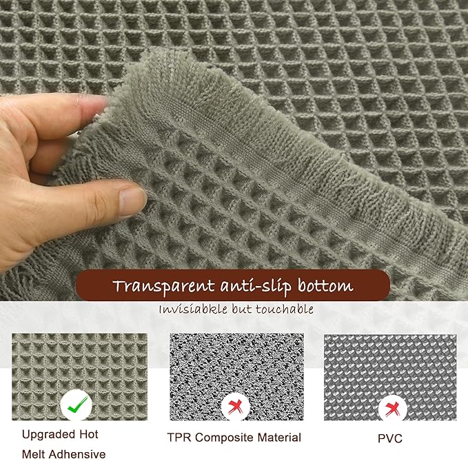 DWCN Waffle Bathroom Mats Set, Non Slip Bath Rug Set for Bathroom Floor, Super Absorbent Shower Mats for Tub, Washable Kitchen Rugs for Farmhouse Boho Style, 16" x 24" Plus 24" x 48", Olive Green