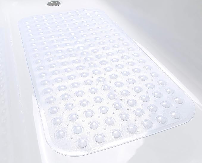 Large Non-Slip Bathtub & Shower Mat 31”x16” (Smooth/Non-Textured Tubs Only) Safe, Clean, Machine-Washable, Superior Grip&Drainage, Vinyl, Transparent Clear
