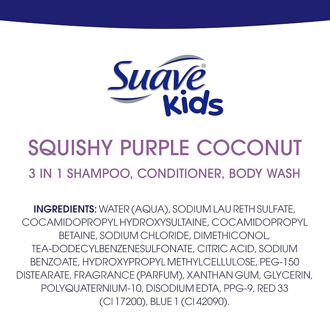 Suave Kids Shampoo, Conditioner, Bodywash 3 in 1 For Ease Squishy Purple Coconut Tear-Free 10 oz