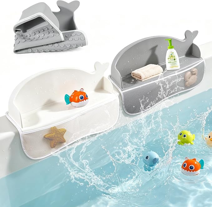 MCGMITT Bathtub Splash Guard, 2PCS Silicone Bath Shelf for Kid, Bath Toys Storage with 130 Suction Cups & Storage Mesh Pockets, Whale Foldable Toddler Bath Tray Tub Water Blocker, Prevent Water Spills