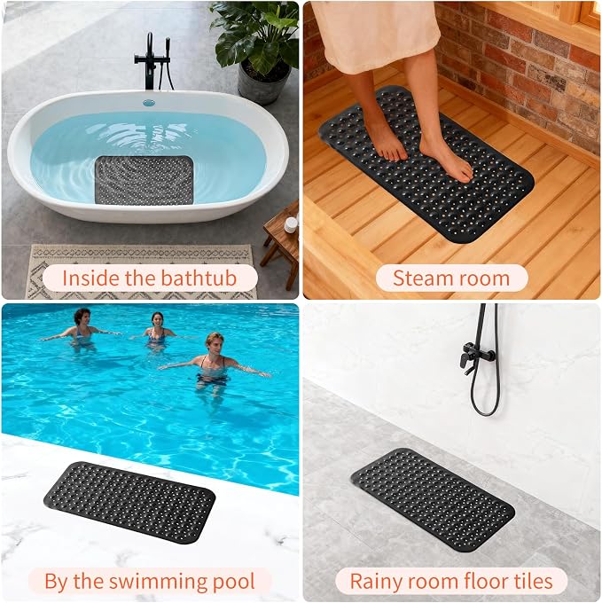 Anti-Slip Bathtub Shower mat, 28×15（ 70×37cm） inch Soft Oversized Machine Washable Non-Slip Bathtub mat with Drainage Holes, Bathroom Floor Suction Cup.（1-Opaque Black）