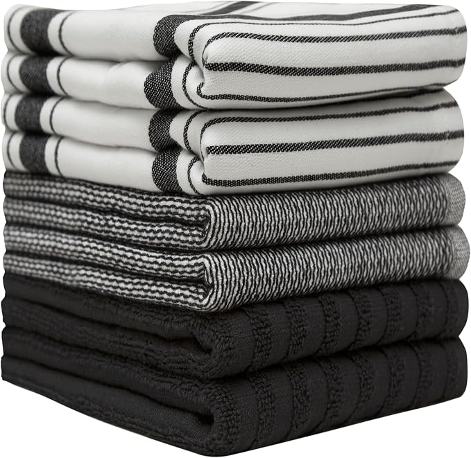 Premium Kitchen Towels (20”x 28”, 6 Pack) | Large Cotton Dish Towels | Flat & Terry Highly Absorbent Kitchen Linen Set with Hanging Loop | Black Striped