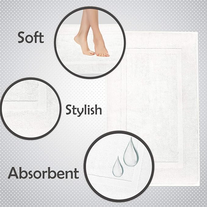 100% Cotton Bath Mats for Bathroom Floor Set of 2 Pack, 20x34 Soft Absorbent Washable Quick Dry Tub Bathmat, White