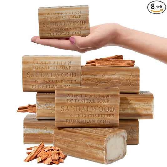 Australian Botanical Soap, Sandalwood and Cocoa Butter, 6.6 OZ, Triple Milled Bars Made with a Natural Soap Base and Enriched with Organic Shea Butter, Pack of 8