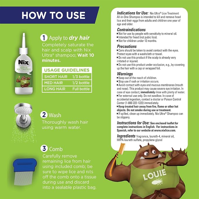 Nix Ultra All-in-One Treatment & Prevention Kit, 4 Fl Oz Shampoo, Comb and 6 Fl Oz Daily Leave-In Spray – Gentle Pesticide-Free Head Lice Remover Kit