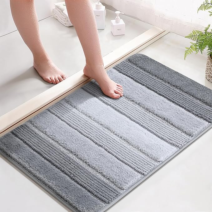 Kmson Ombre Chenille Bathroom Rugs, 24"x36" Non-Slip Bath Mat for Shower Floor & Bathtub, Ultra Soft Washable Shaggy, Fluffy Thick Water Absorbent Microfiber Grey