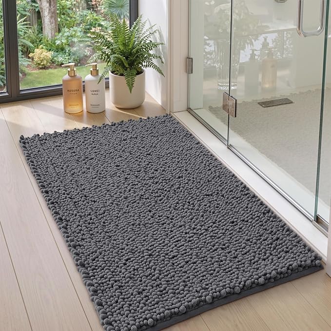 DEXI Bathroom Rugs 43x24, Super Soft Thick Chenille Absorbent Bath Mat, Non Slip Machine Washable Fluffy Shag Bathmat for Sink, Tub, Shower Floor, Grey