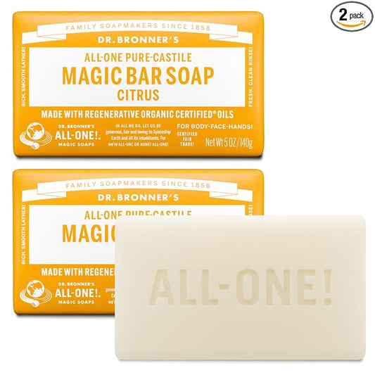 Dr. Bronner's Pure-Castile Magic Bar Soaps - Made with Regenerative Organic Certified Oils - For Face, Body, Hair- Vegan Soap Bars for Men & Women - Citrus, 2 pack, 5 oz