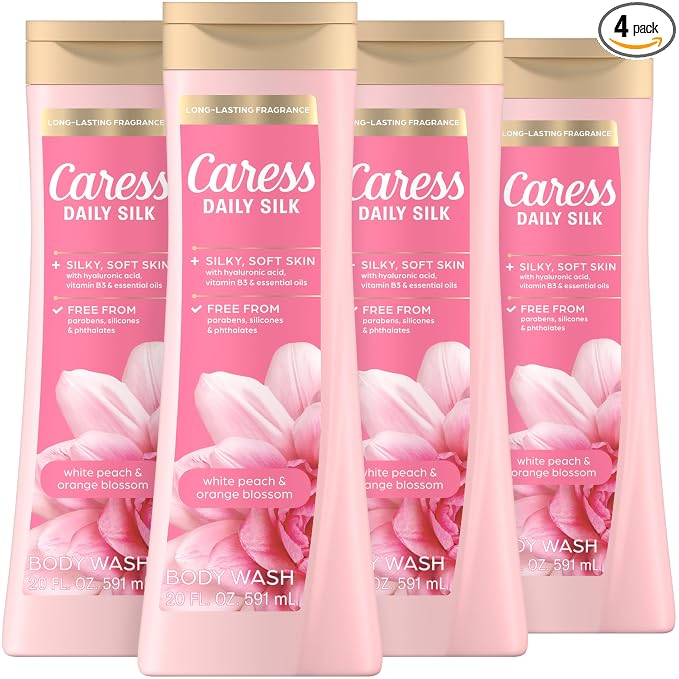 Caress Body Wash for Women, Daily Silk White Peach & Orange Blossom, Shower Gel Body Wash Moisturizing for Noticeably Silky, Soft Skin, 20 fl oz, 4 Pack