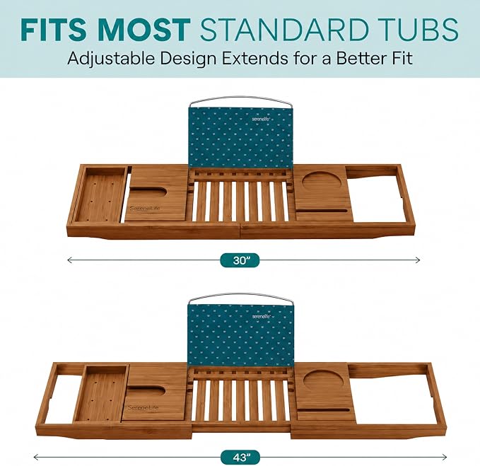 SereneLife Premium Bathtub Tray Caddy with Gift Box and Bow Set, Expandable Bath Tray, Unique House Warming Gifts for Mom, Women, Wedding, Anniversary, Bridal Shower, Fit for All Tub - Brown, Gift Set