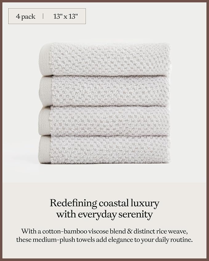 Cozy Earth Nantucket 60% Cotton 40% Viscose from Bamboo Washcloth - 600 GSM Plush & Fast-Drying with Rice Weave Pattern - 4 Pack 13" x 13" Luxury Washcloth - Light Grey