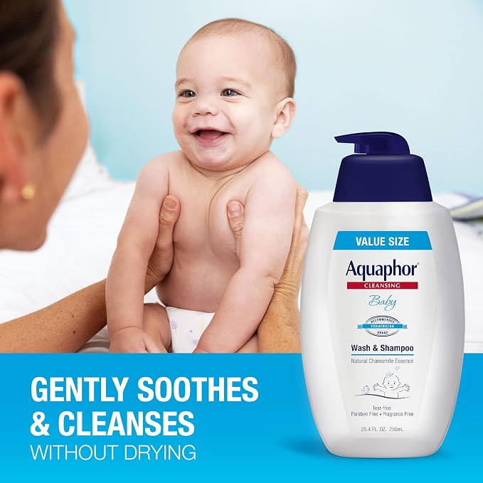 Aquaphor Baby Wash and Shampoo, Unscented Baby Shampoo and Wash, 25.4 Fl Oz Pump Bottle
