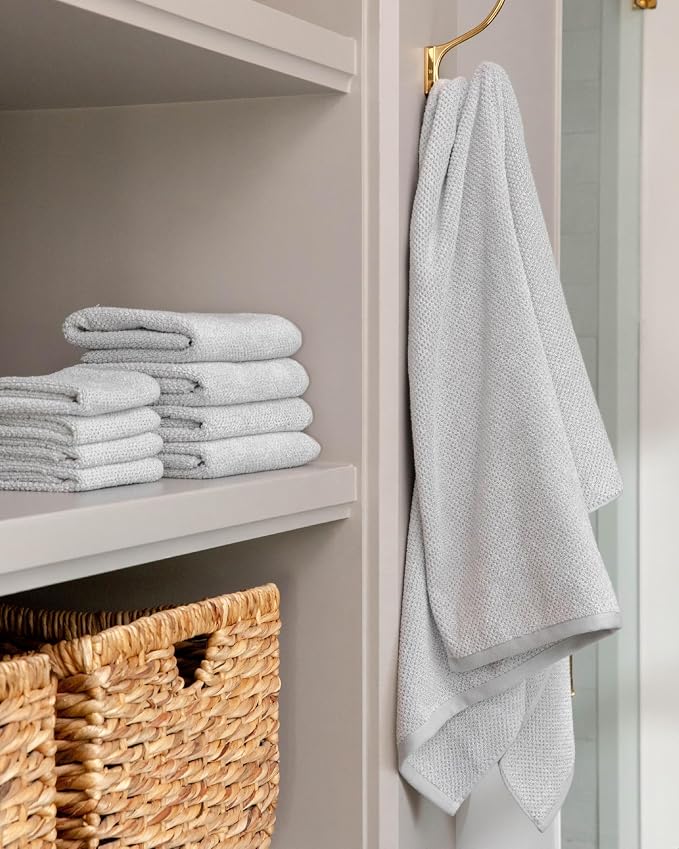 Cozy Earth Nantucket 60% Cotton 40% Viscose from Bamboo Bath Towel - 600 GSM Plush & Fast-Drying with Rice Weave Pattern - 2 Pack 30" x 58" Luxury Bath Towel - Harbor Mist