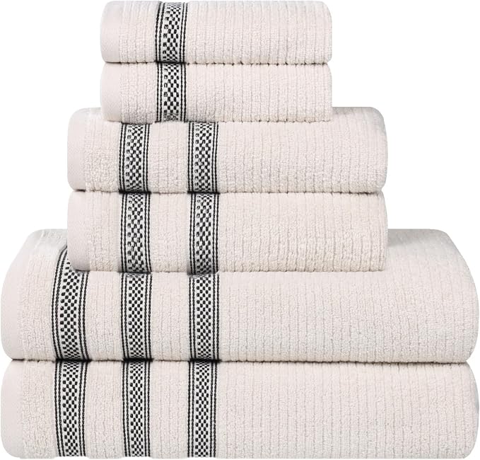 Superior Cotton 6-Piece Towel Set, Zero Twist, Ribbed Geometric, Bathroom Essentials, Shower, Spa, Luxury Plush Soft Absorbent Towels, Includes 2 Bath, 2 Hand, 2 Washcloth/Face Towels, Stone