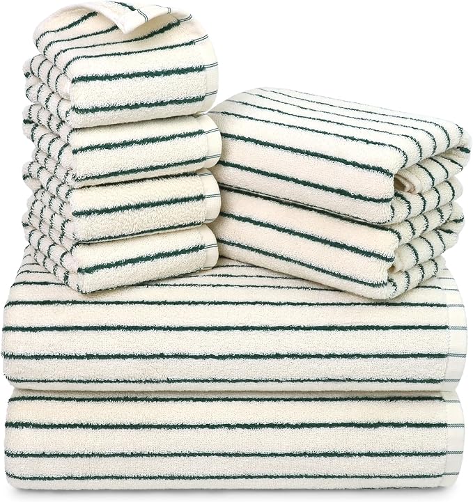 Jacquotha 8 Piece Green Towel Set, Super Soft & Absorbent Cotton Striped Towels for Bathroom Decor, 2 Bath, 2 Hand, 4 Washcloths