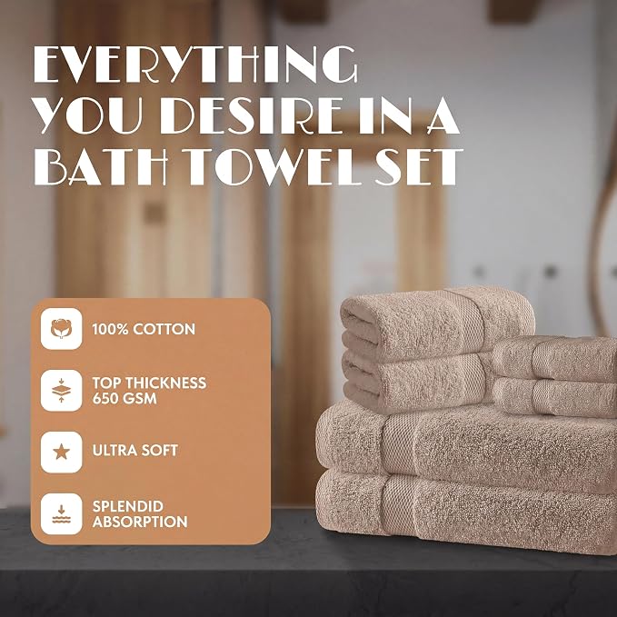 White Classic Taupe Bath Towel Set of 6-100% Cotton Highly Absorbent Towels for Bathroom, 2 Luxury Bath Towels 650GSM, 2 Hand Towels, 2 Washcloths