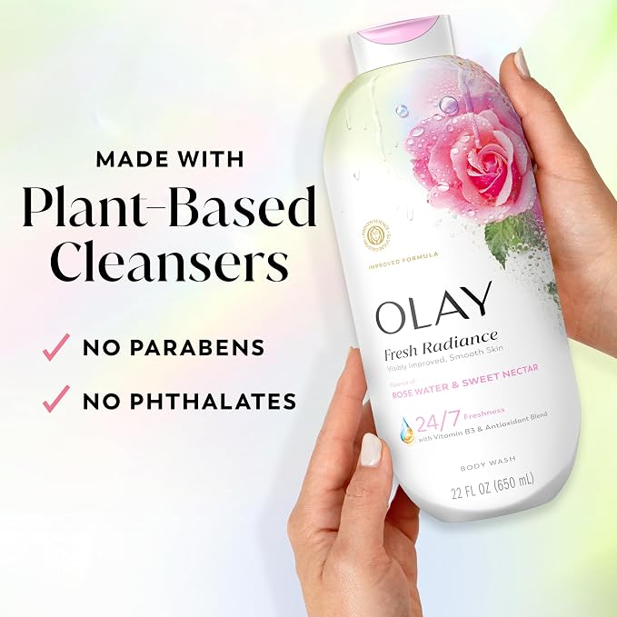 Olay Body Wash for Women, Fresh Radiance, 24/7 Skin-Loving Freshness, Visibly Radiant, Plant Based Cleansers, Vitamin B3 & Antioxidant Blend, All Skin Types, Rose Water & Sweet Nectar Scent, 22 fl oz
