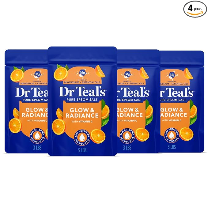 Dr Teal's Epsom Salt Magnesium Soak, Glow & Radiance with Vitamin C & Citrus Essential Oils, 3 lbs (Pack of 4)