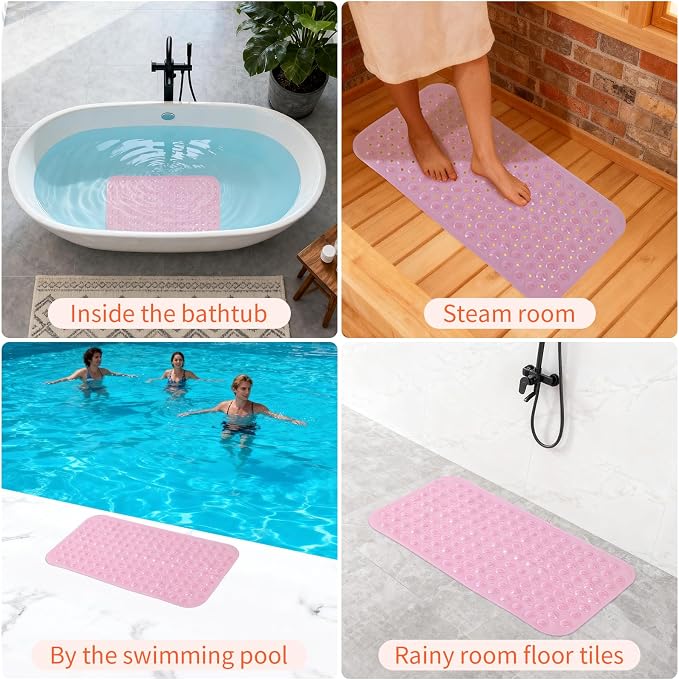 Anti-Slip Bathtub Shower mat, 28×15（ 70×37cm） inch Soft Oversized Machine Washable Non-Slip Bathtub mat with Drainage Holes, Bathroom Floor Suction Cup.（1-Clear Pink）