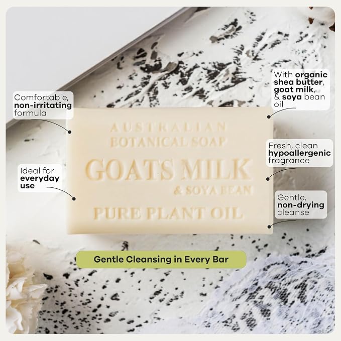 Australian Botanical Soap 6.5 OZ Pack of 4, Goat Milk Soap Bars with Soya Bean Oil, Enriched with Organic Shea Butter, Suitable for All Skin Types