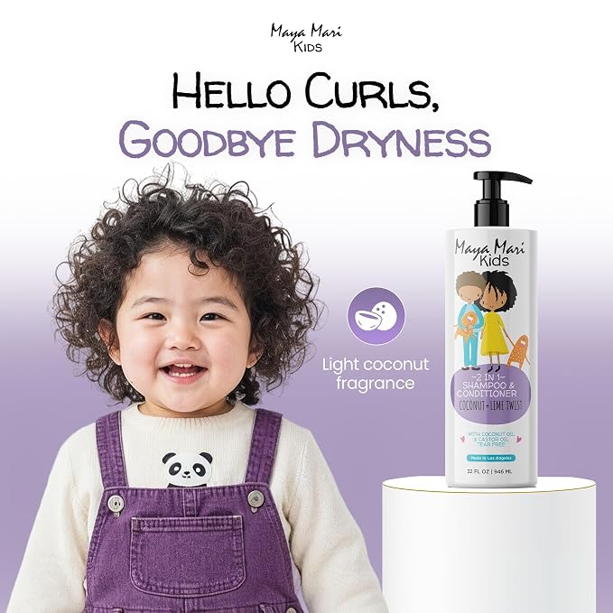 MAYA MARI Kids Shampoo and Conditioner 2 in 1, 32 oz Family Size Bottle, Sulfate Free, Paraben Free, Tear Free, Dye Free, Coconut Lime Twist, Made in Los Angeles for Toddlers and Curly Hair