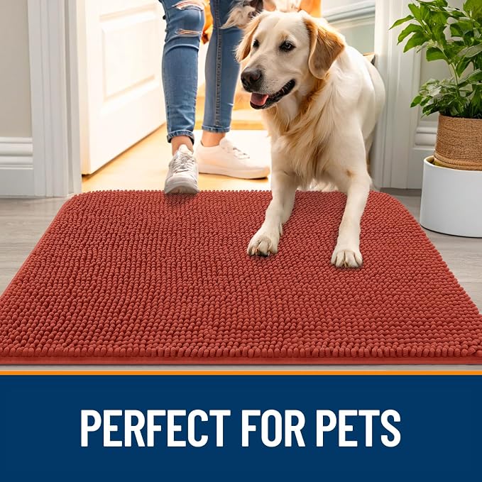 OLANLY Dog Door Mat for Muddy Paws 47x24, Absorbs Moisture and Dirt, Absorbent Non-Slip Washable Doormat, Quick Dry Chenille Mud Mat for Dogs, Entry Indoor Entryway Carpet for Inside Floor, Maple Red