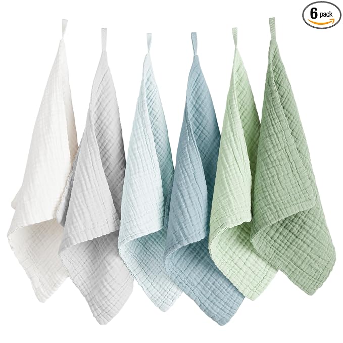 Konssy 6 Pack Baby Muslin Washcloths for Unisex 100% Cotton Wash Cloth Set for Baby Face Body Comfy and Soft for Newborn Infants Kids Girls and Boys