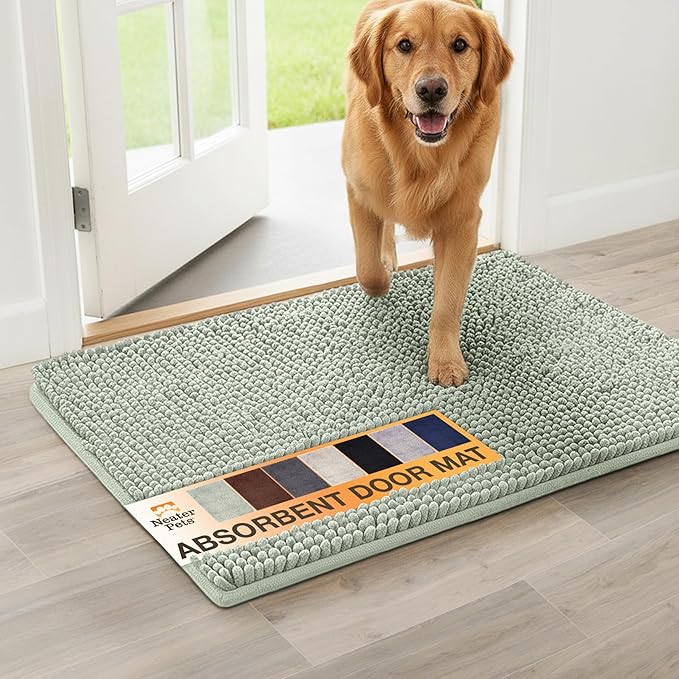 Neater Pets Muddy Paws Dog Door Mat 30” x 20” – Super Absorbent & Quick-Dry Chenille Doormat for Trapping Dirt, Water, Mud - Non-Slip & Machine Washable Pet Rugs for Entryway, Indoor Mud Mats, Green
