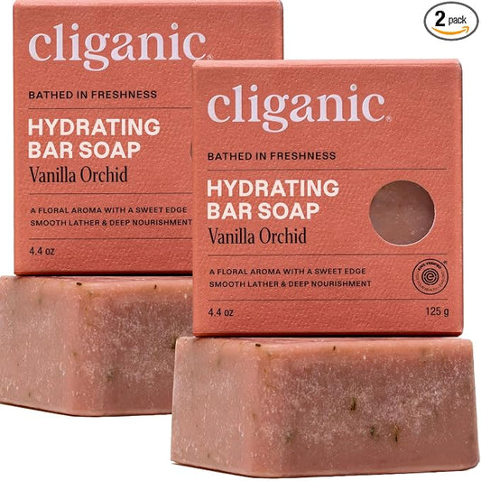 Cliganic Hydrating Bar Soap - Body Soap For Men & Women with 98% Natural Ingredients Cleanses, Moisturizes & Nourishes, Leaves Skin Soft - Vanilla Orchid Scent (2 Pack)