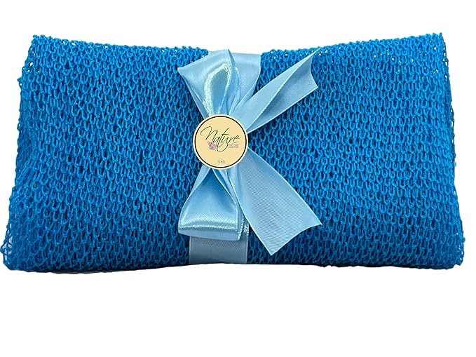 Net Bath Sponge, Customized N1 Weave, Long, NKN Naturals, Skin Exfoliation, African, Porous, Stretches to Approximately 49" (Sea Blue).
