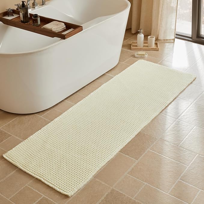 Triohero Waffle Runner Bath Mat - Long Bathroom Rugs Non Slip Washable, Ultra Soft Super Absorbent Quick Dry Boho Farmhouse Bathroom Decor, 24" x 72", Cream White