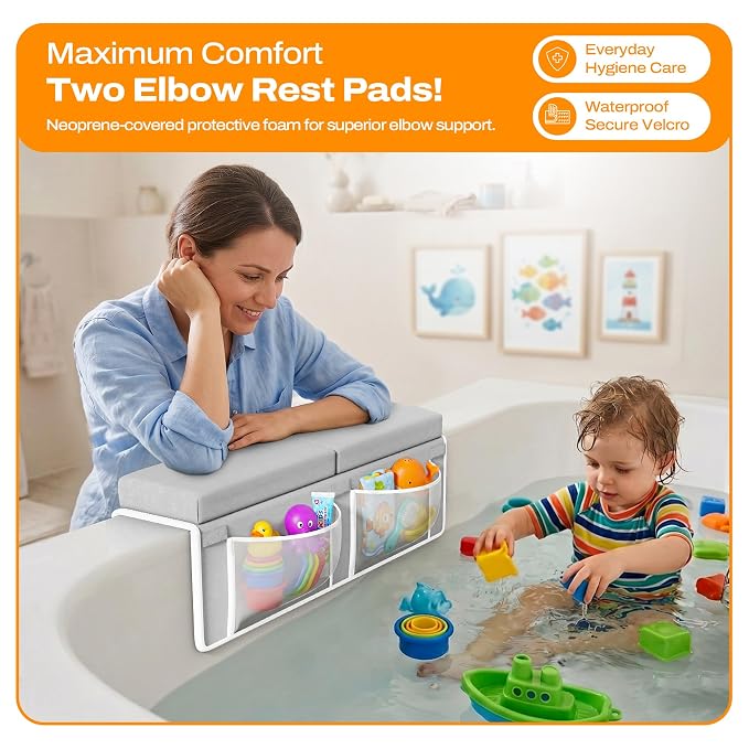 Bath Kneeler and Elbow Rest Pad Set-Baby Bath Kneeler with 1.5'' Comfortable Thick Memory Foam Cushion, Non-Slip Knee & Arm Support for Baby Bath Time,Foldable Bath Mat for Baby with Storage Pockets