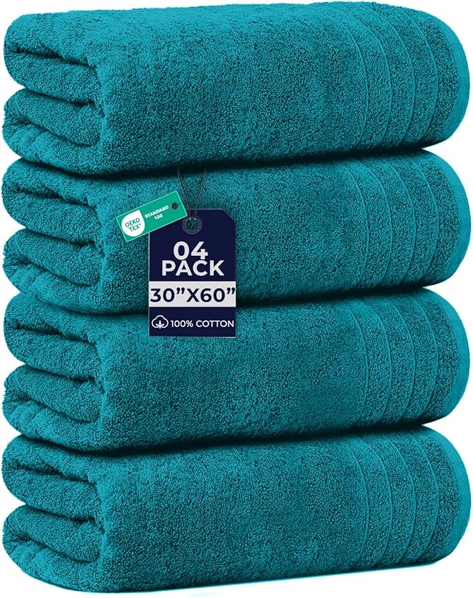 DAN RIVER Extra Large Bath Towels Set of 4, 30 x 60 Inches - 100% Cotton Larger & Lighter Weight Towels for Bathroom - Quicker to Dry, Super Soft & Highly Absorbent Towels for Home, Teal