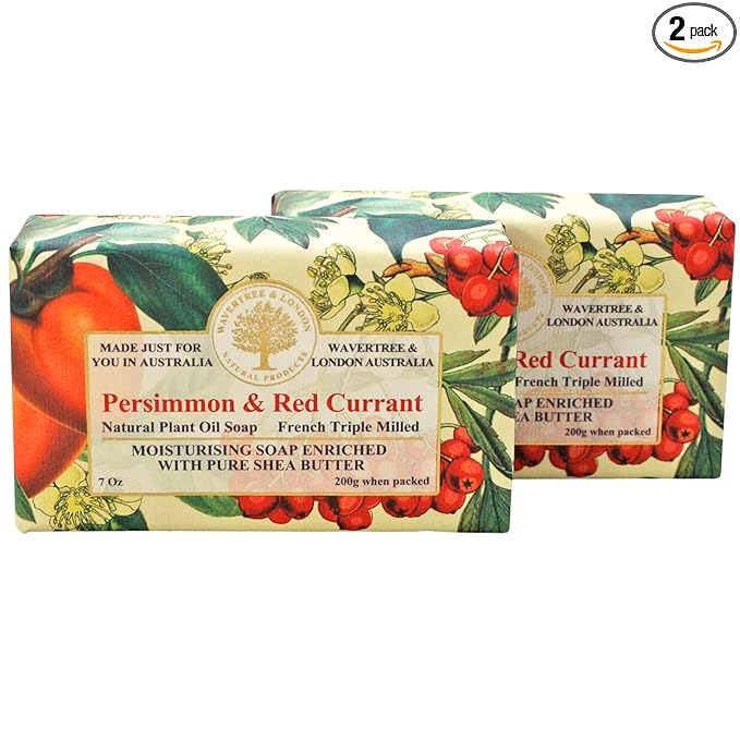 Wavertree & London Persimmon & Red Currant Scented Natural Soap Bars (2 Bars), 7 oz Moisturizing French Triple Milled Soap Bars enriched with shea butter, Plant Oil Bath & Body Soap for Women & Men