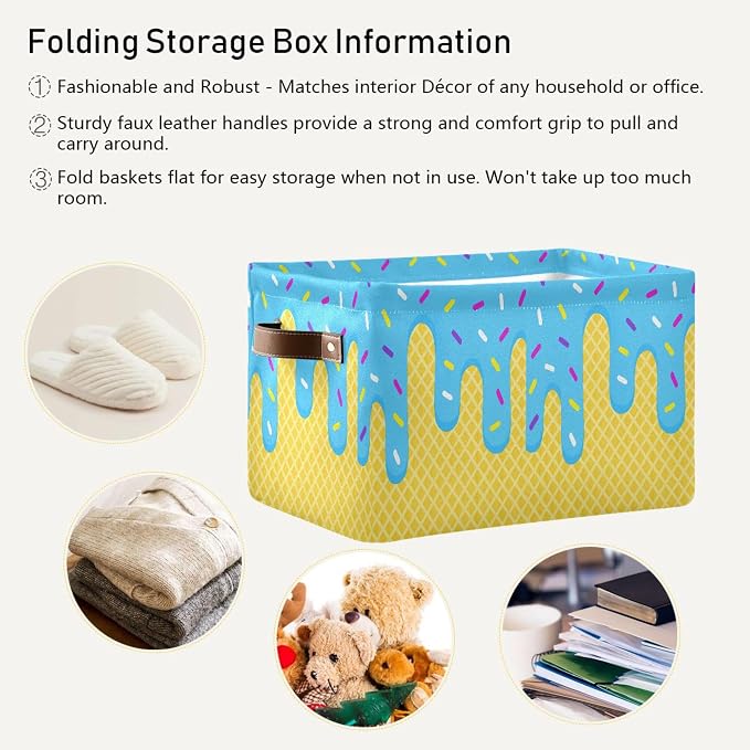 Wamika Ice Cream Drip Baseball Storage Basket with Waterproof Liner and PU Handles Blue Candy Storage Bins Boxes 14.2" Collapsible Decorative Organizer Baskets for Bedroom Closet Office 1 Pack