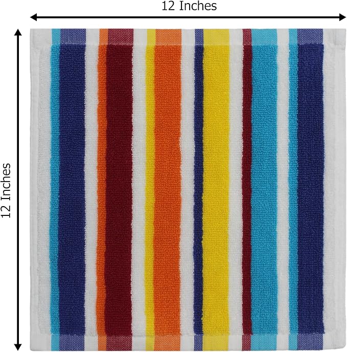 ORIGINAL KIDS Wash Cloth - 12 Pack 100% Cotton Yarn-Dyed Terry Washcloths - 450 GSM Quick Dry Soft Absorbent Gentle Baby Face Towels for Bathroom Travel Daycare - 12 x 12 inches - Cabana Stripe Multi