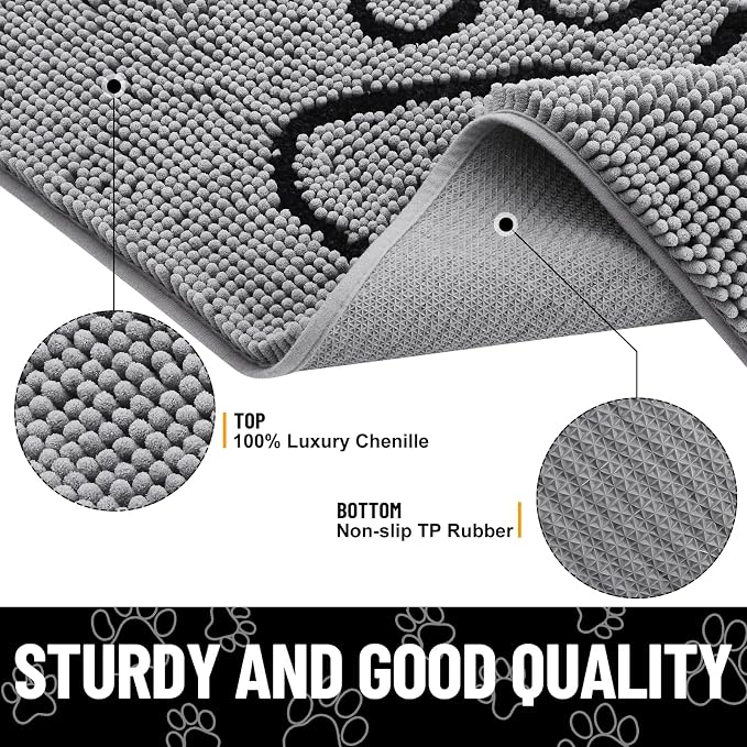 Smiry Dog Door Mat for Muddy Paws, Absorbent Dirt Trapper Non Slip Quick Dry Washable Chenille Mat for Mud Dogs, Entry Rug for Indoor and Outdoor (59x35 Inches, Grey and Black)
