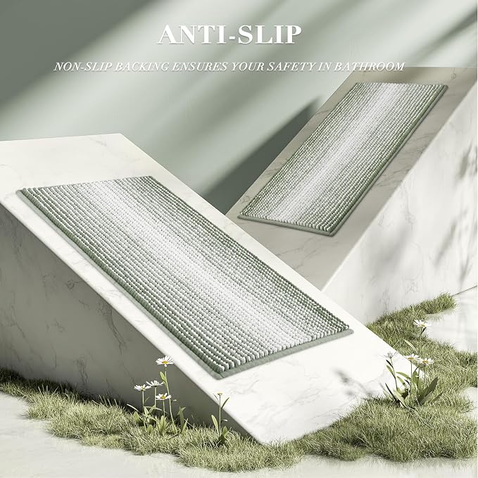 BSICPRO Bathroom Rugs and Mats Sets, 2 Piece Thick Absorbent Chenille Bath Mat Rug Set Non Slip, Soft Bath Room Floor Mats for Bathroom, Machine Washable (20" x 32" Plus 16" x 24",Greyish Green)