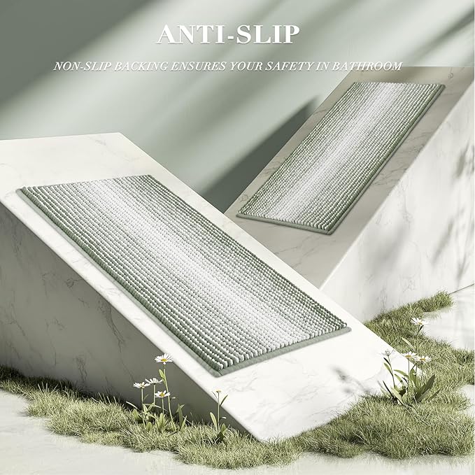 BSICPRO Bathroom Rugs and Mats Sets, 2 Piece Thick Absorbent Chenille Bath Mat Rug Set Non Slip, Soft Bath Room Floor Mats for Bathroom, Machine Washable (20" x 47" Plus 16" x 24",Greyish Green)