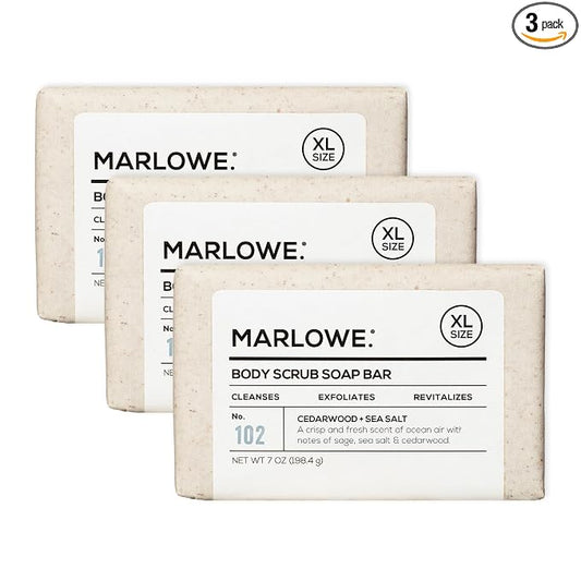 MARLOWE. Body Scrub Soap, Exfoliating Soap Bar, Cedarwood, 7 oz (3 Bars) | Scrub Soap Bar that deeply cleanses and exfoliates while buffing away rough, dry skin. Cedarwood + Sea Salt scent.
