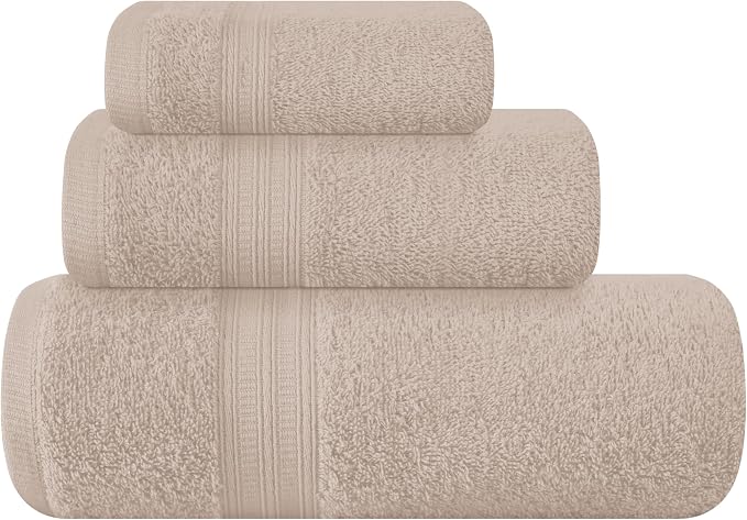 BOUTIQUO Ultra Soft 3 Pack Cotton Towel Set, Contains a Bath Towels 27x54 inch, a Hand Towels 16x24 inch & a Wash Coths 12x12 inch, Ideal Everyday use, Compact & Lightweight - Tan